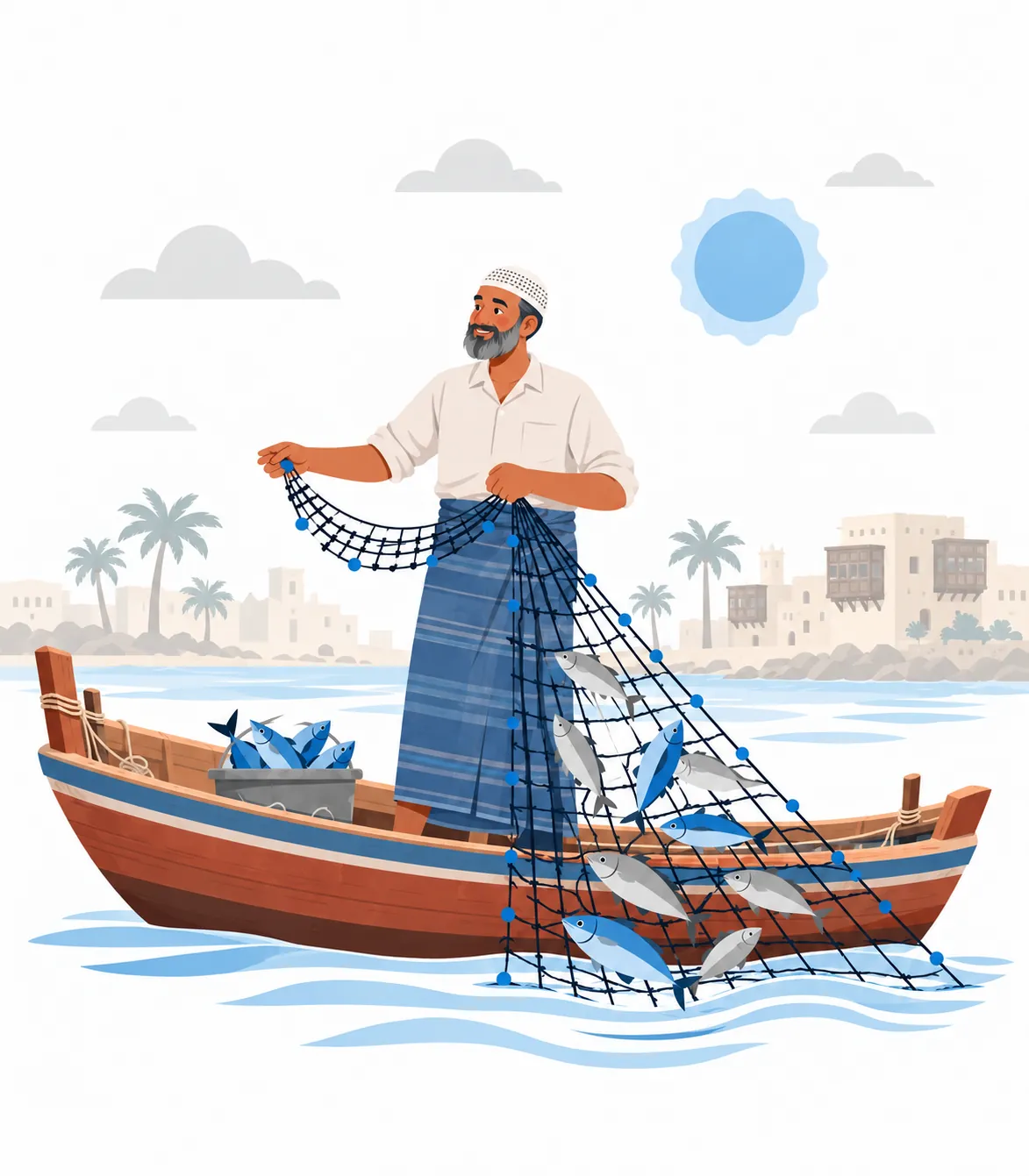 صياد سعودي في قارب خشبي يسحب شبكة سمك